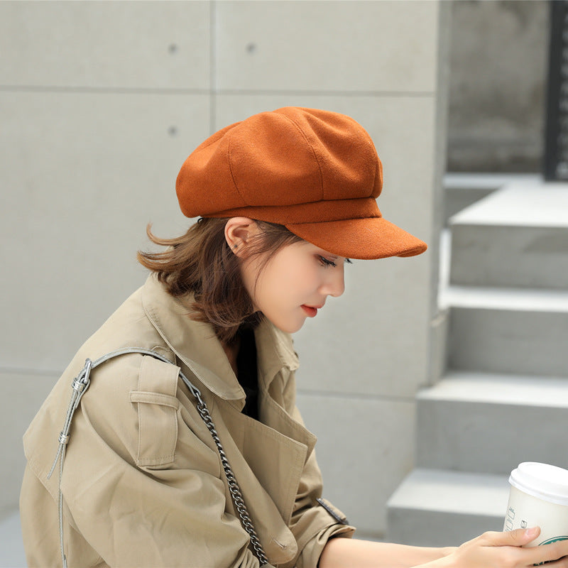 Woolen Octagonal Hat Young Woman Painter Peaked Beret