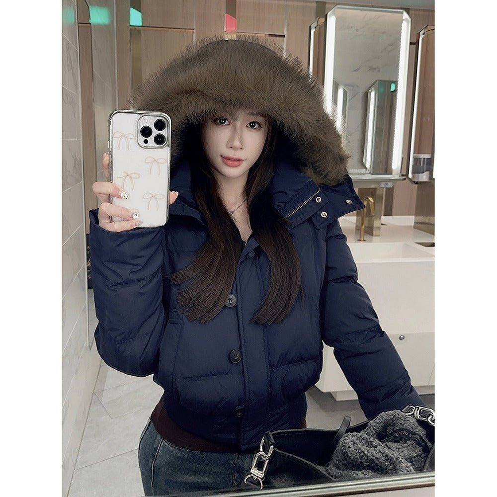 Big Fur Collar Hooded Short Down Jacket Women&