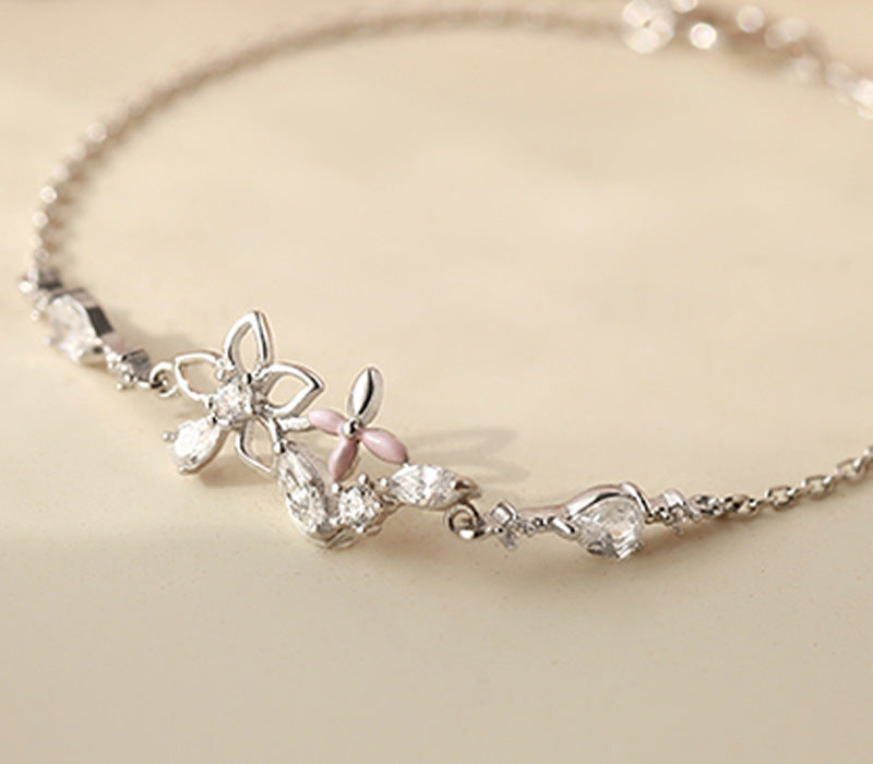Fashion Korean 925 Sterling Silver Link Chain Crystal Flower Charm Bracelet &Bangle For Women Wedding Jewelry SL113