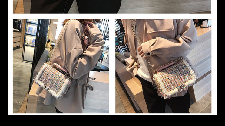 Fashion Woolen Personality Handbag Girl Plaid Messenger Bag