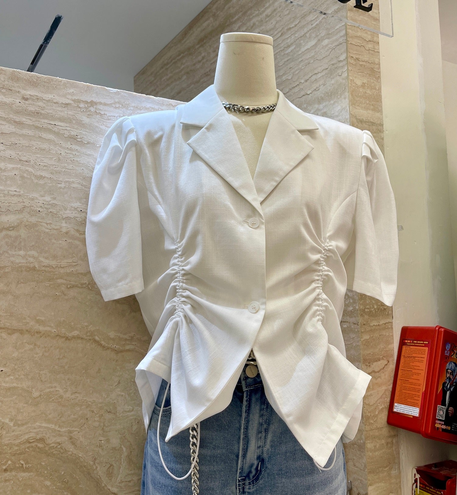 French V-Drawstring Folded Waist Blouse Women&
