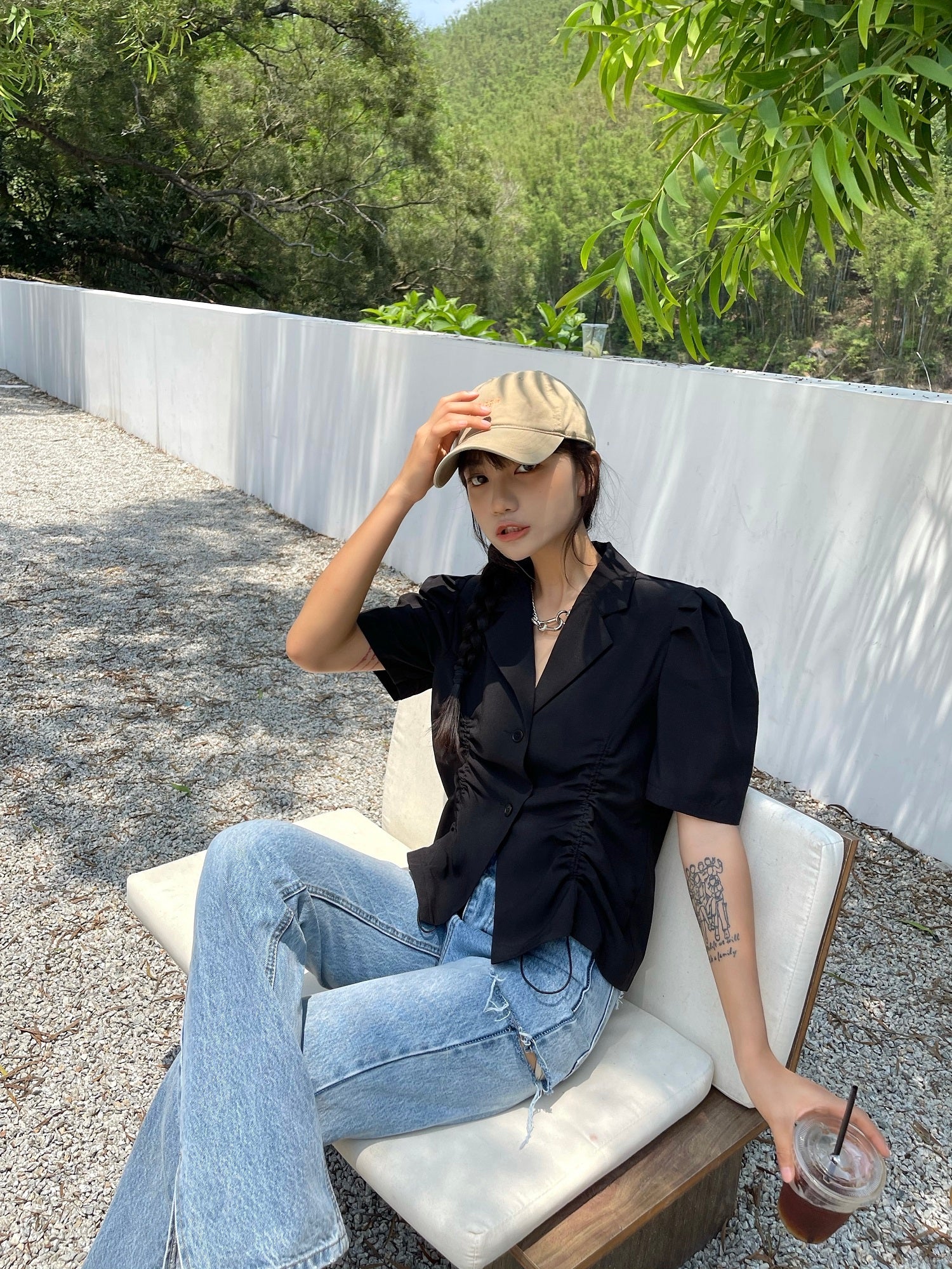 French V-Drawstring Folded Waist Blouse Women&