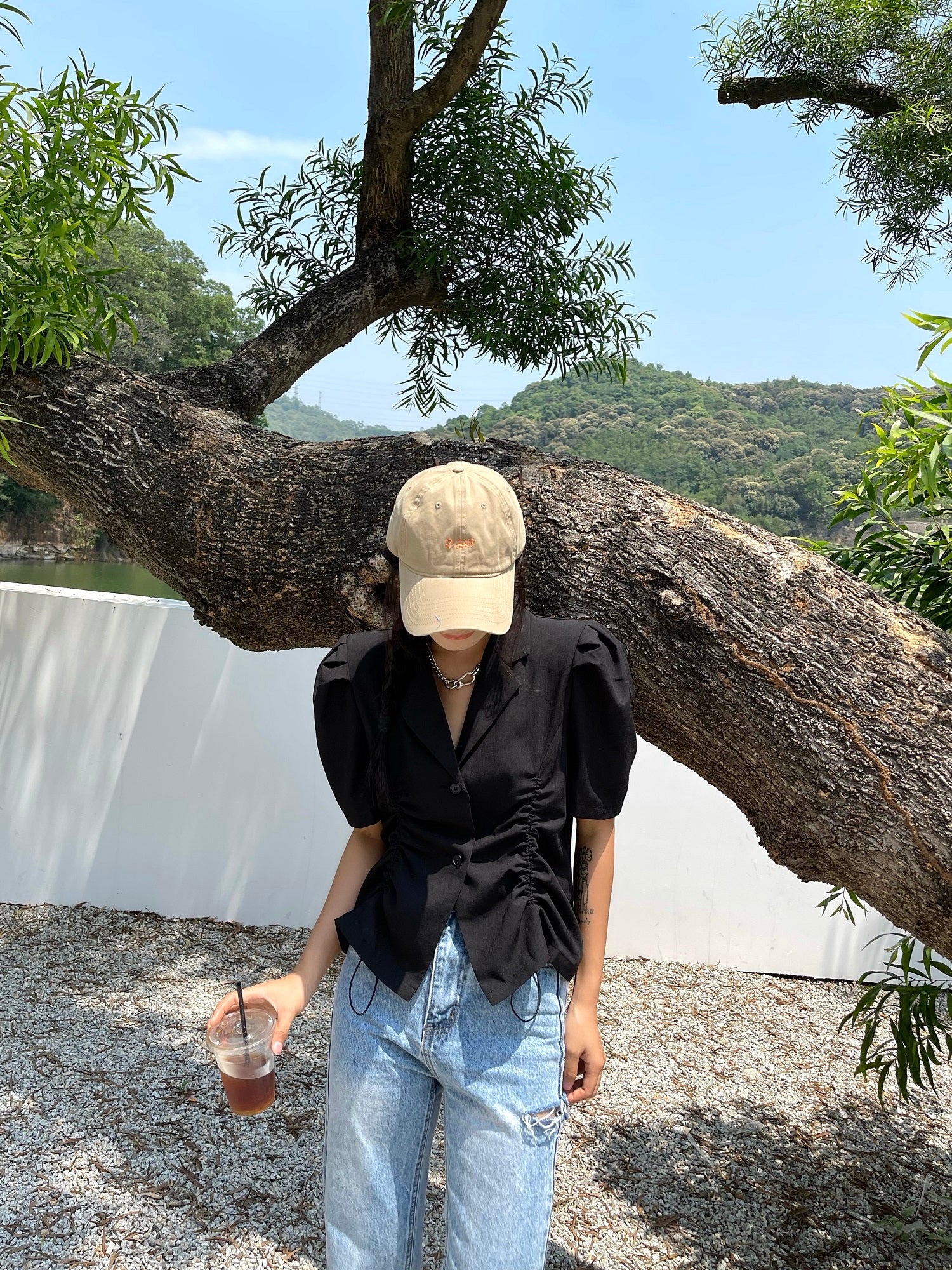 French V-Drawstring Folded Waist Blouse Women&