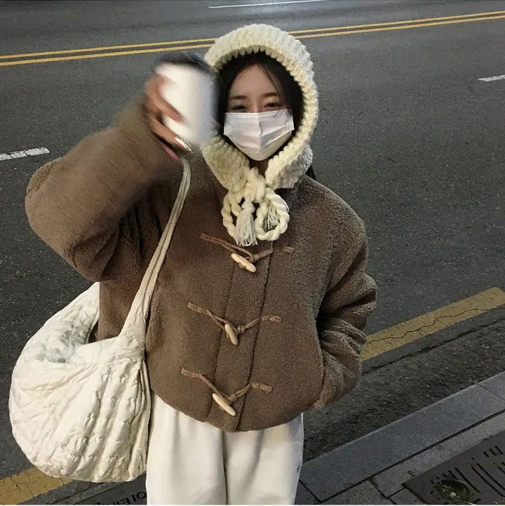 Horn Button Furry Coat Women&
