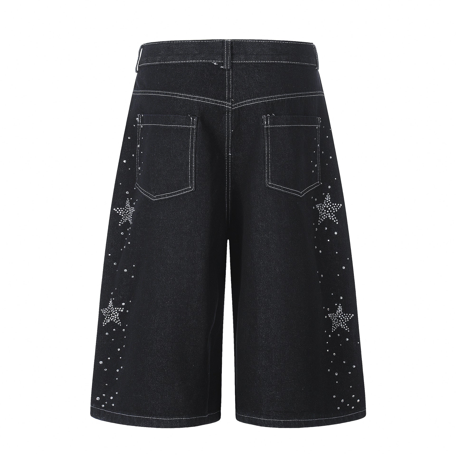 Star-shaped Rhinestone Embellished Capri Denim Shorts Womens Loose-fit