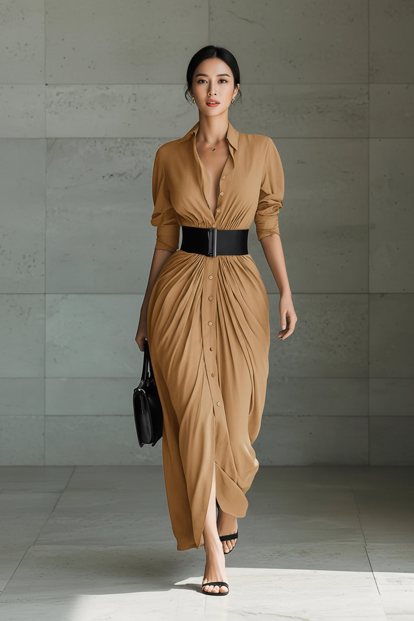 Chic Collared Button-Down Shirt Dress With Belt
