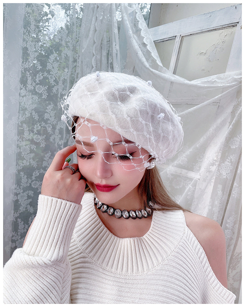 Vintage French Mesh Veil Pom Pom Versatile Wool Beret