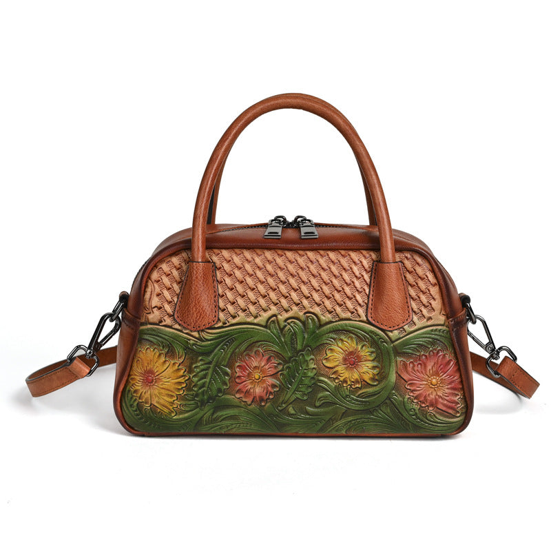 Ethnic-style Full-grain Leather Shoulder Bag For Women