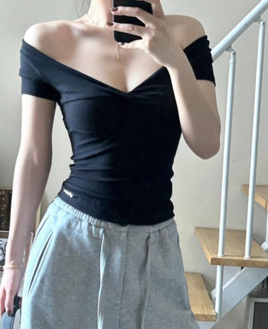 Black Off-shoulder V-neck Short Sleeves
