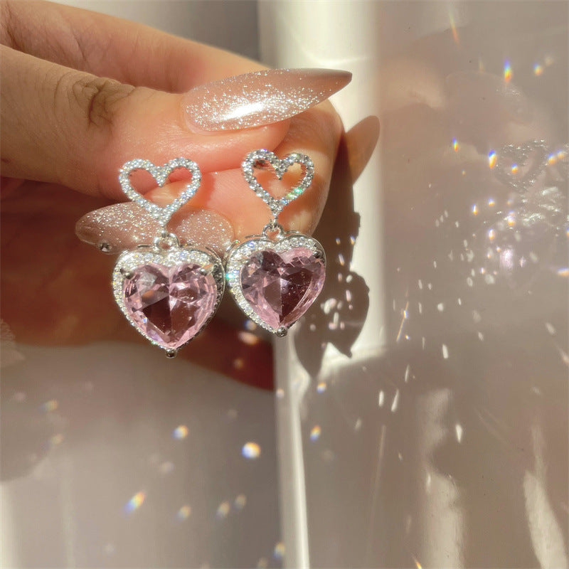 New Light Luxury Premium Feeling Pink Crystal Heart Earrings For Women Girls Niche Design Earrings Birthday Jewellery Gift