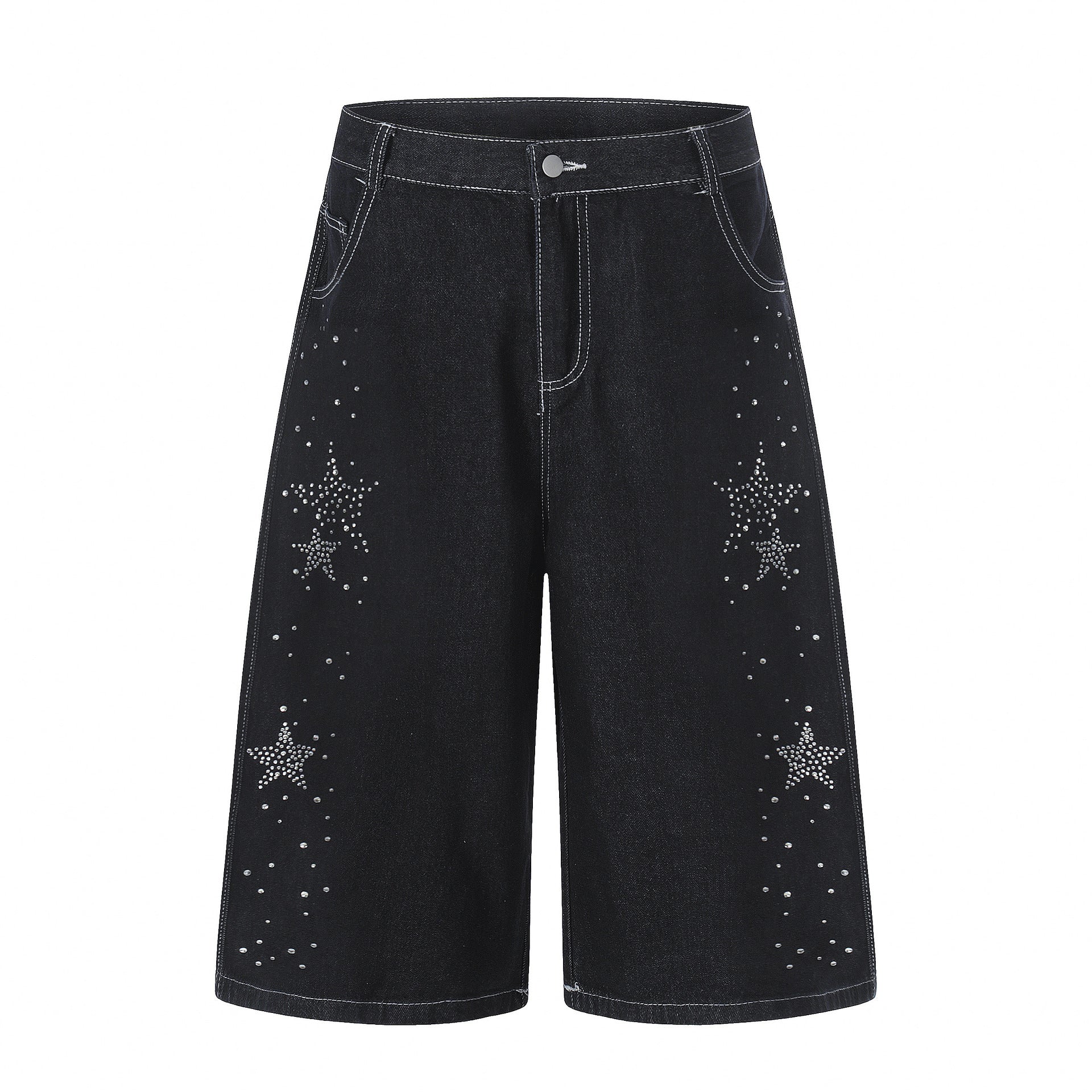 Star-shaped Rhinestone Embellished Capri Denim Shorts Womens Loose-fit