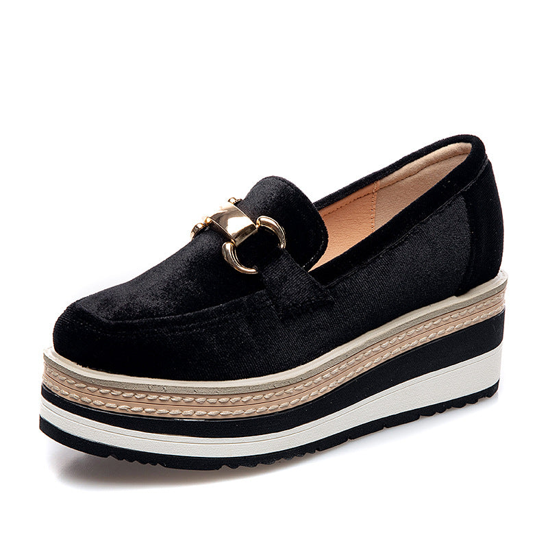 Metal-buckle Striped Sole Wedge Slip-on Shoes