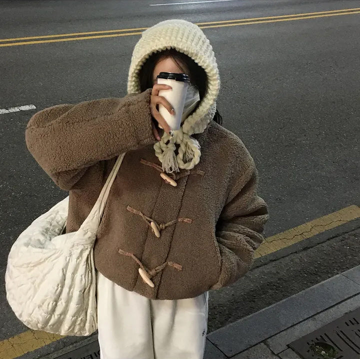 Horn Button Furry Coat Women&