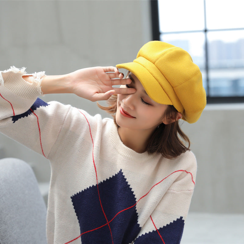 Woolen Octagonal Hat Young Woman Painter Peaked Beret