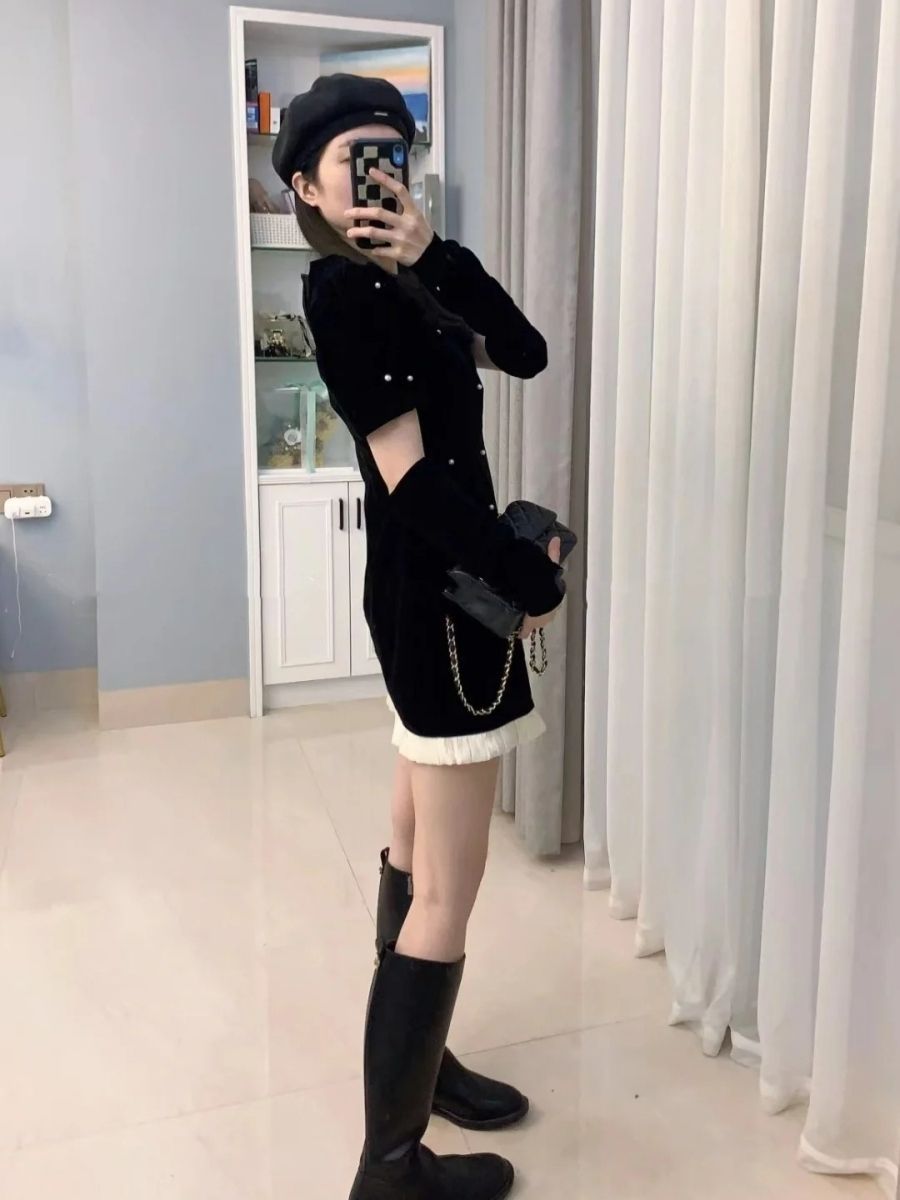 Fashionable Velvet Slim-Fit Elegant Beaded Heavy-Detailed Dress