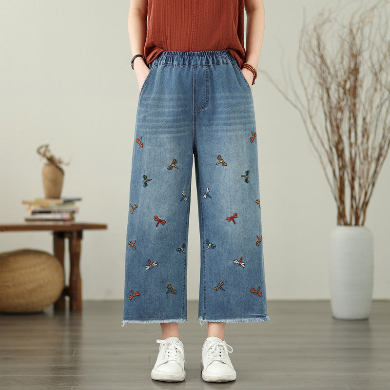 Embroidered Butterfly Loose Denim Jeans Women&