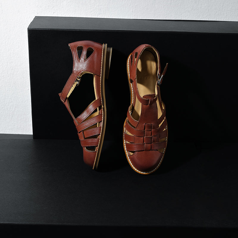 Premium Washed Full Grain Leather Fisherman Sandals, Closed-Toe Woven T-Strap Flats