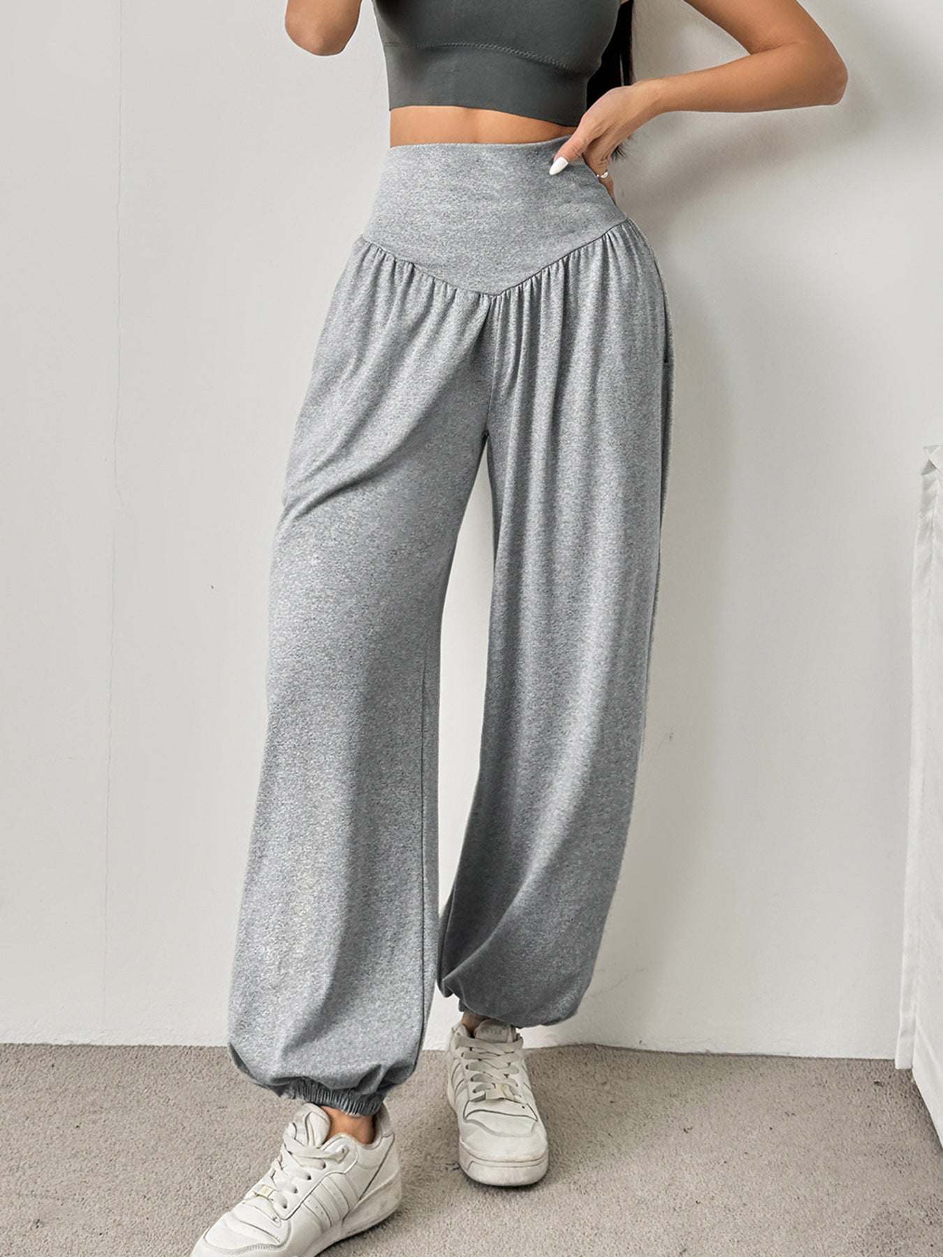 Commuter High-Waist Loose Solid-Color Pockets Drawstring Ankle Pants