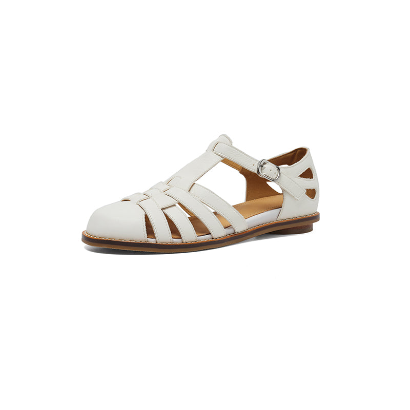 Premium Washed Full Grain Leather Fisherman Sandals, Closed-Toe Woven T-Strap Flats