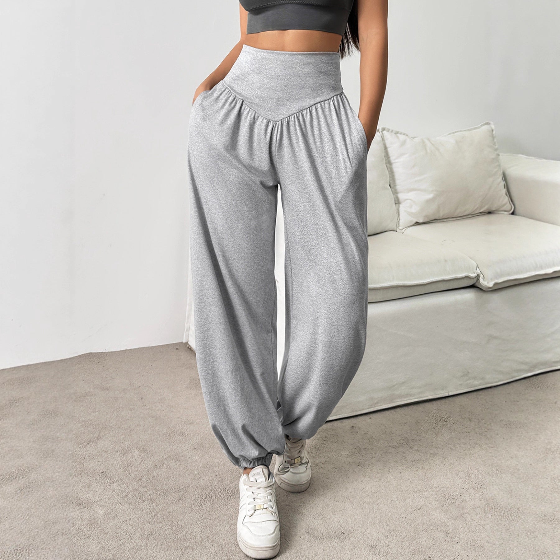 Commuter High-Waist Loose Solid-Color Pockets Drawstring Ankle Pants