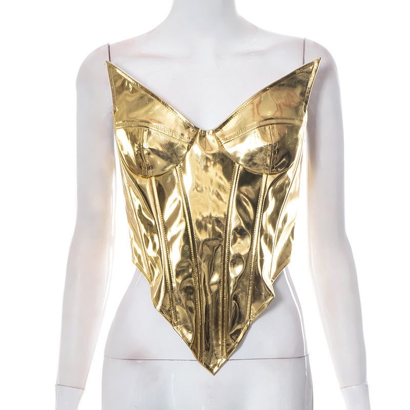 Solid Color Leather Glossy Sleeveless Tube Top Top