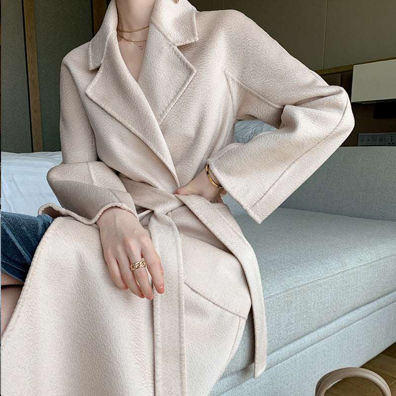 Long Lace-up Waist Woolen Woolen Coat