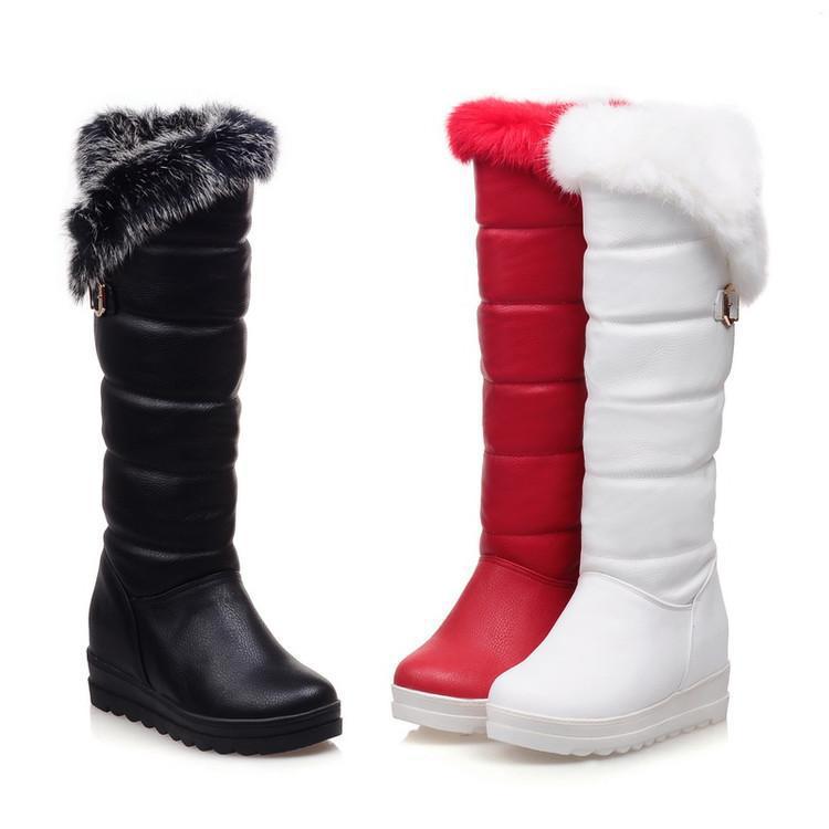 Metal Buckle Rabbit Fur Platform Flat Heel High Boots