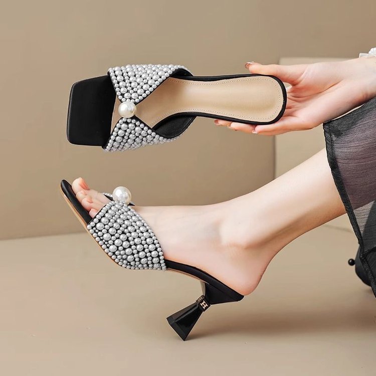 Pearl Slim Heels And Exposed Toes, Cool Slippers, Half Slippers