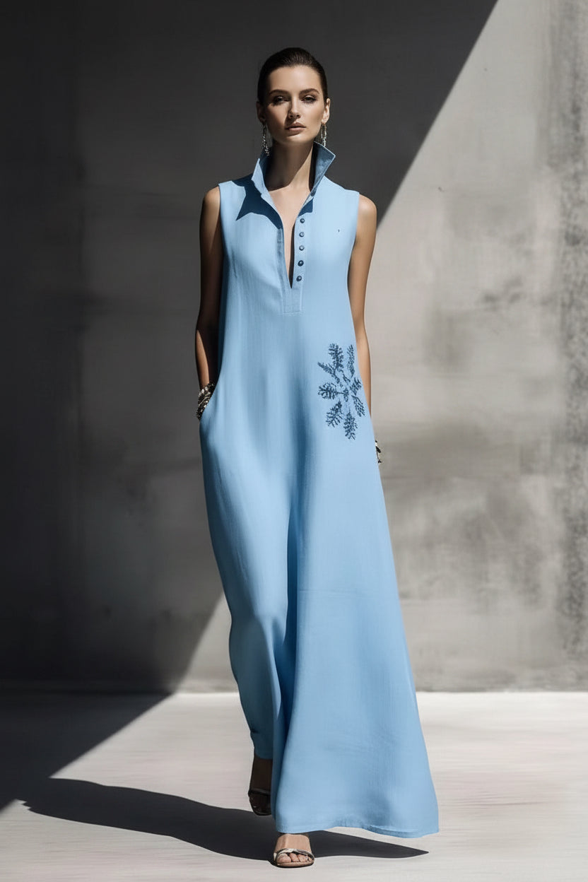 Heat-transfer Graphic Pocket Casual Mandarin-collar Cotton-linen Dress