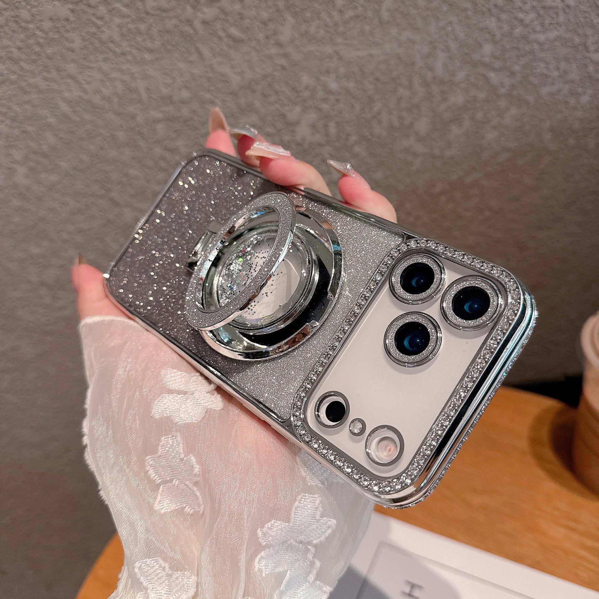 Phone Case Edge Diamond Magnetic Quicksand Bracket Drop-resistant Protective Cover