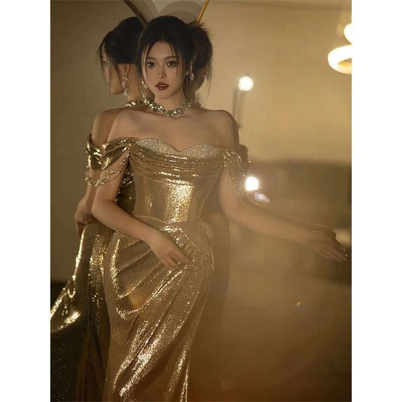 Gold Evening Dress Sequined Off-shoulder Tube Top Toast Dress Bridal Fishtail Dress