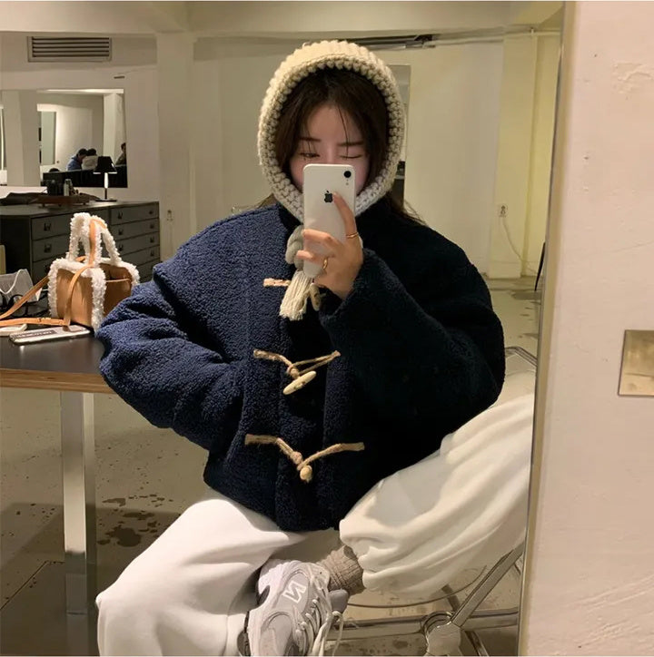Horn Button Furry Coat Women&