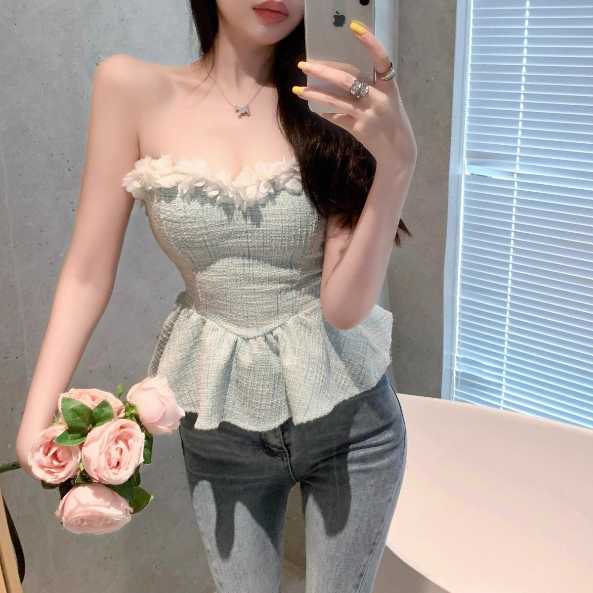 A Chic Short Strapless Top With Delicate Lace Trim In A Chanel-inspired Style