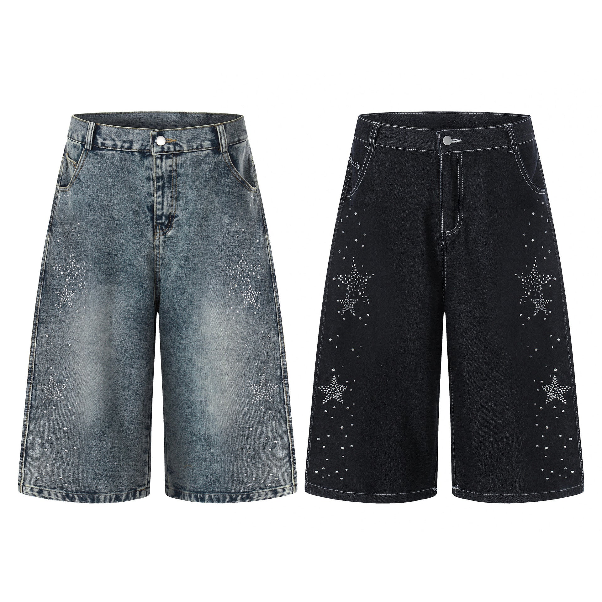 Star-shaped Rhinestone Embellished Capri Denim Shorts Womens Loose-fit