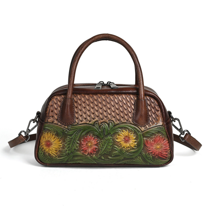 Ethnic-style Full-grain Leather Shoulder Bag For Women
