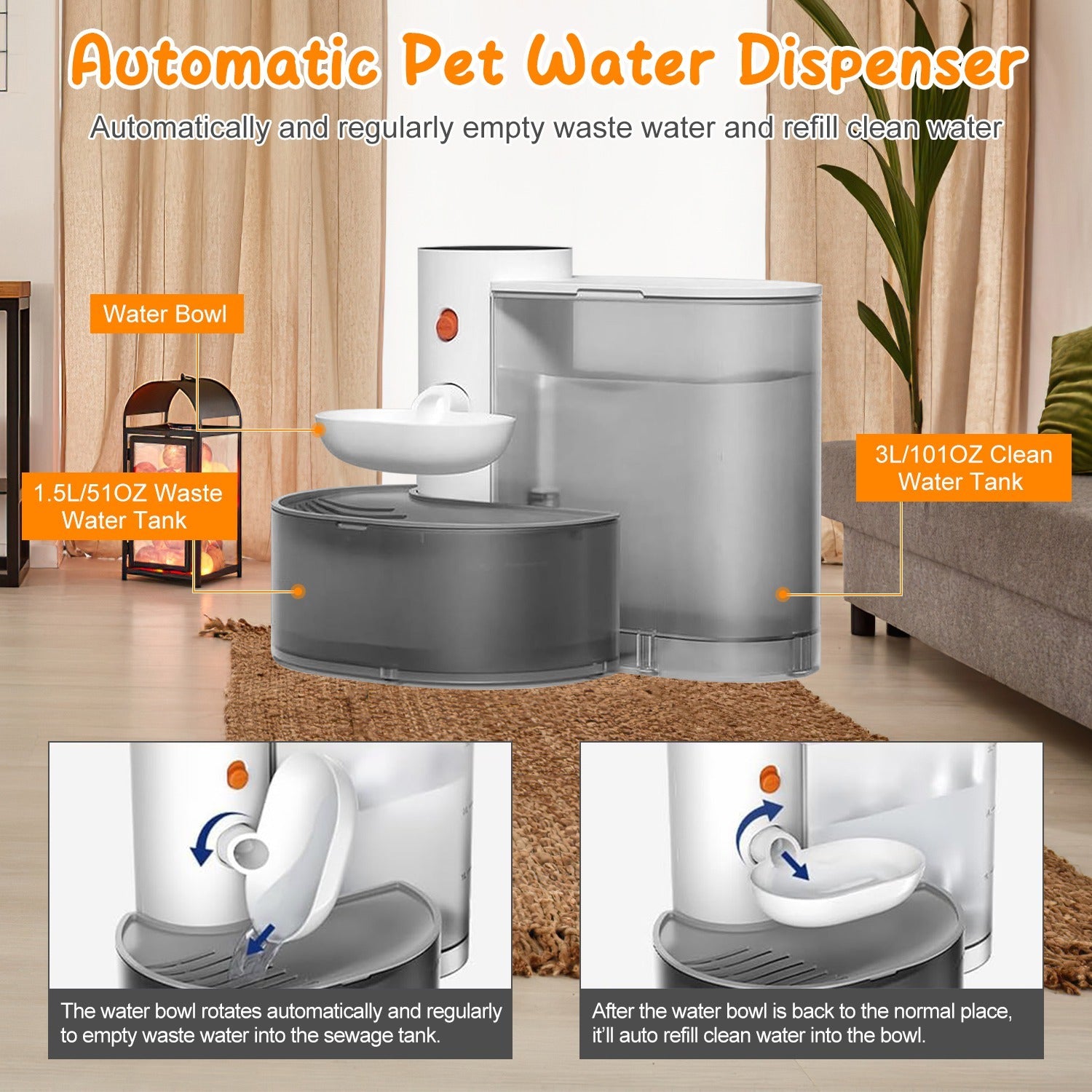 1Pc Smart Pet Water Fountain Automatic Cat Water Dispenser 3L Cordless Rechargeable Dog Water Fountain Self-Refill With 3 Adjustable Volume 3 Time Intervals Touch Control
