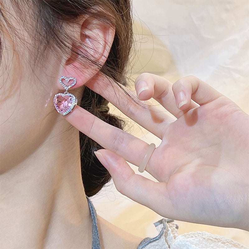 New Light Luxury Premium Feeling Pink Crystal Heart Earrings For Women Girls Niche Design Earrings Birthday Jewellery Gift