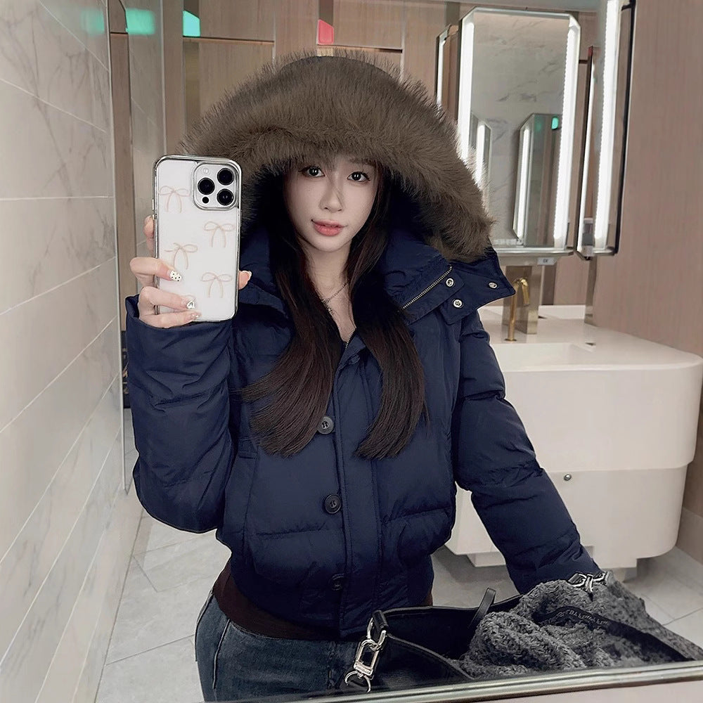 Big Fur Collar Hooded Short Down Jacket Women&