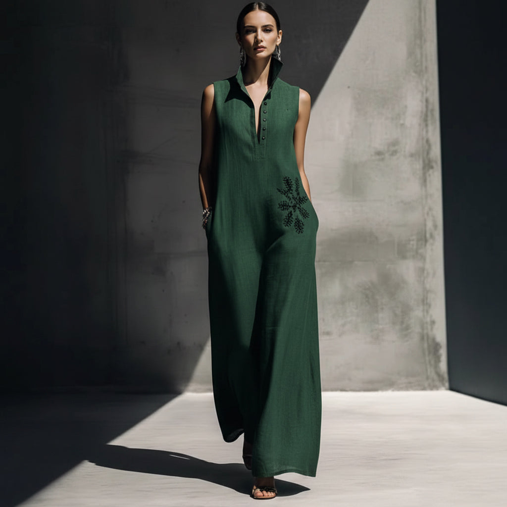 Heat-transfer Graphic Pocket Casual Mandarin-collar Cotton-linen Dress
