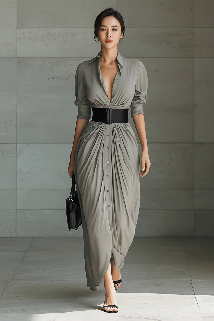 Chic Collared Button-Down Shirt Dress With Belt