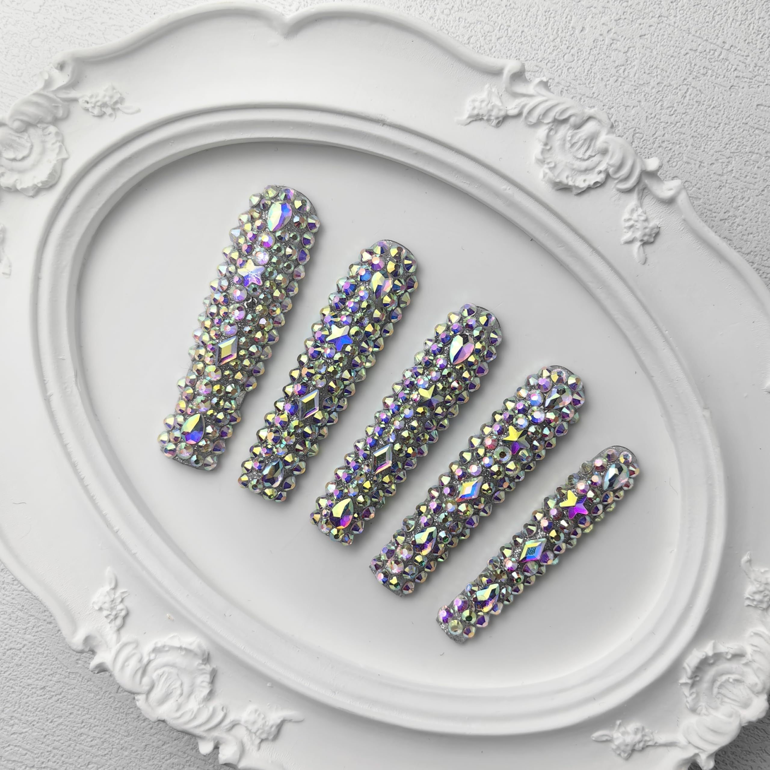 GGddsha 2025 Long Novel Design And Reusable PMMAAcrylic Press On Nails Handmade Nails Full CoverLuxurious 3D Crystal False Nails With Box Gifts,Stellar Shine