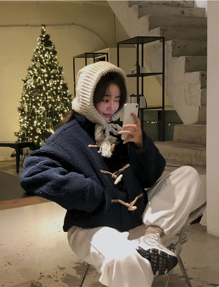 Horn Button Furry Coat Women&