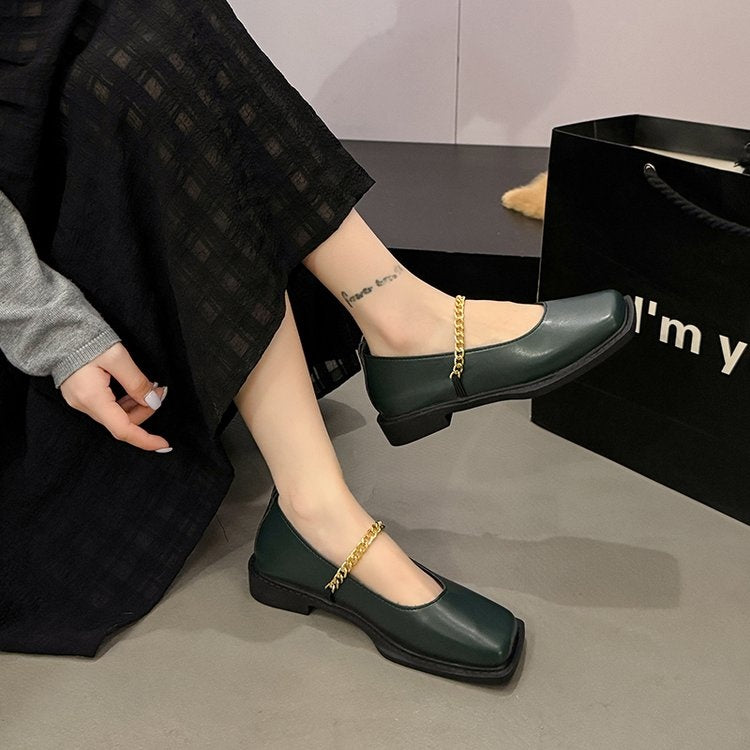 Square Toe Metal Chain Strap Slip On Flats - Casual Dress Comfortable Loafers