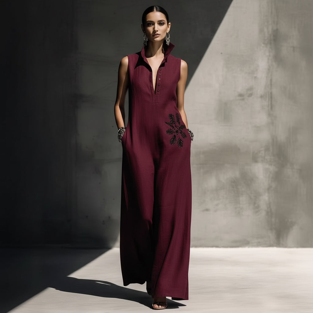 Heat-transfer Graphic Pocket Casual Mandarin-collar Cotton-linen Dress