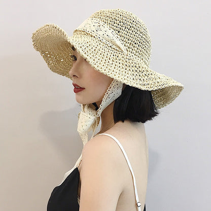 Korean Style Foldable Handmade Straw Hat Summer Lace Strap