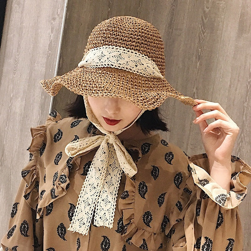 Korean Style Foldable Handmade Straw Hat Summer Lace Strap