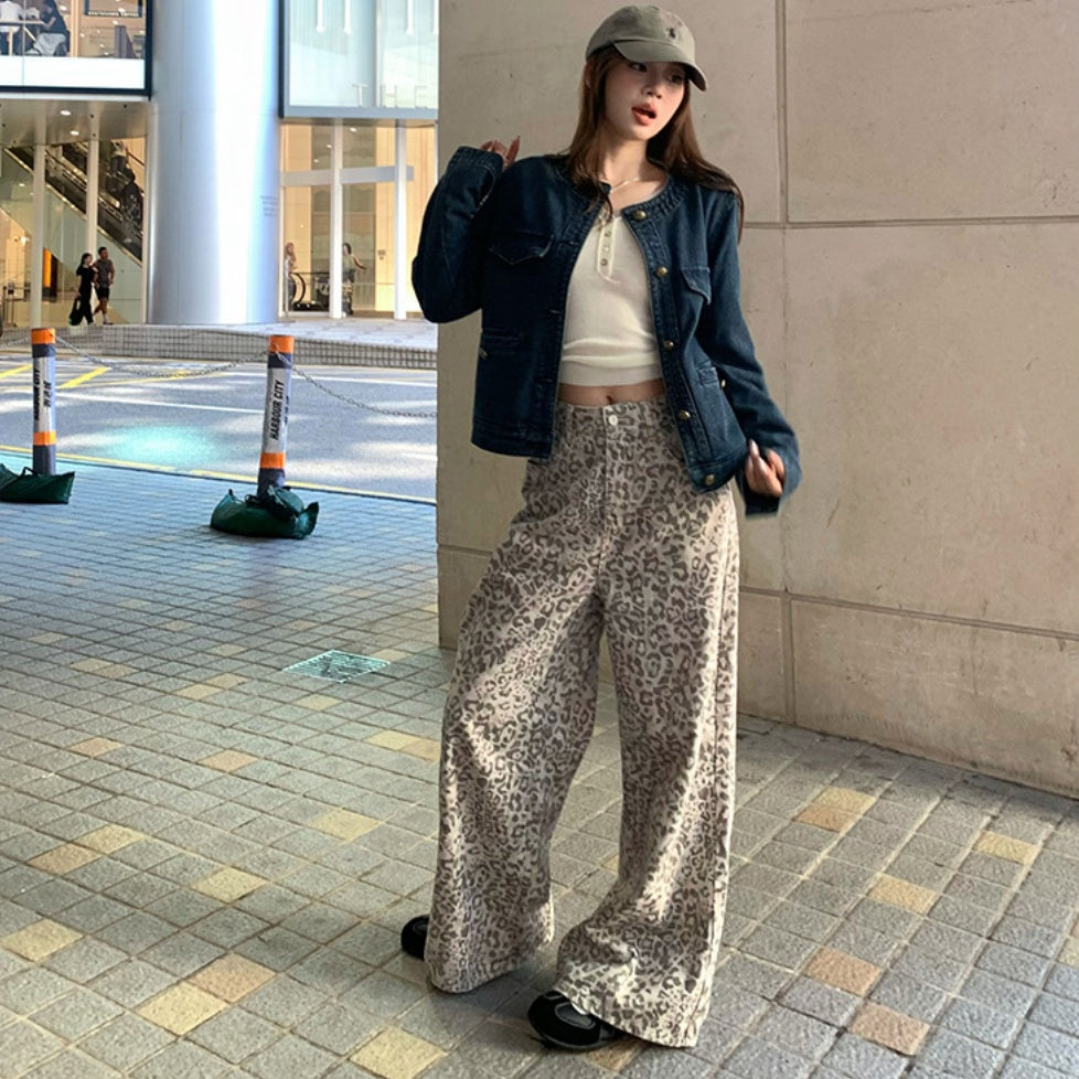 Leopard-print Vintage Distressed Casual Jeans