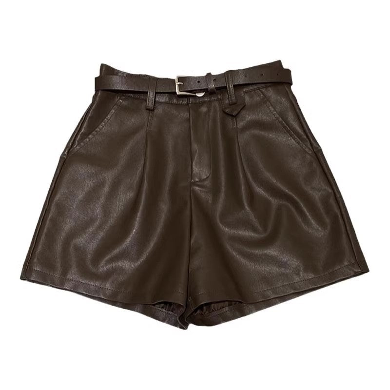 Black PU Leather Shorts A-line Wide-leg Pants