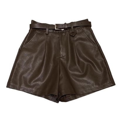 Black PU Leather Shorts A-line Wide-leg Pants