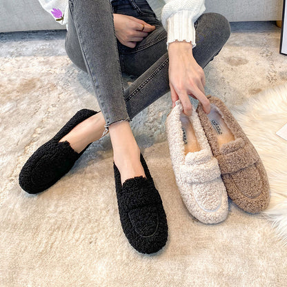 Winter Plush Flats Shoes Ins Fashion Slip On Loafers Women&